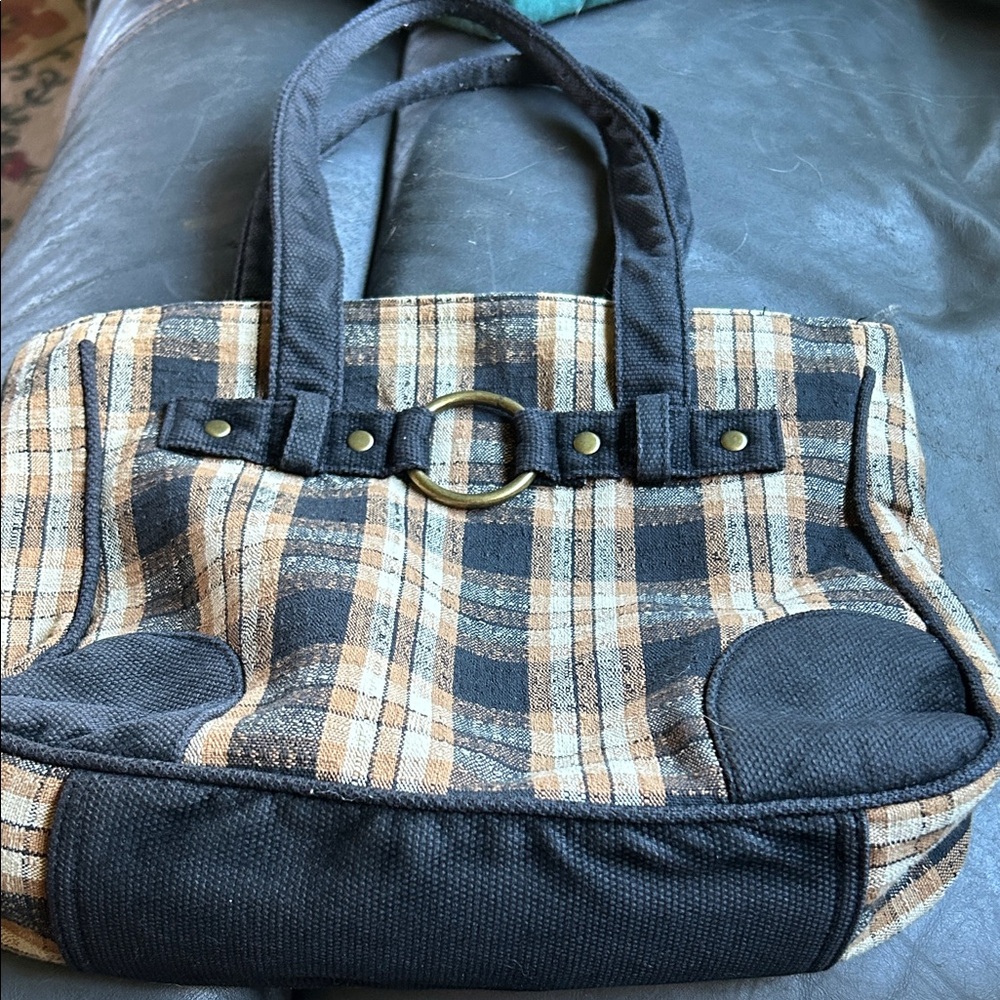 Longaberger Tan and Black Plaid Tote